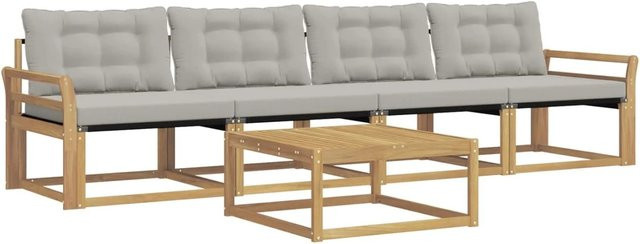 vidaXL Outdoor-Sofagarnitur aus Akazienholz mit Textilene-Bezug und Polstern, 5-teilig, Weiß und Grau, B/T/H: 79 x 79 x 37 cm - Bild 1
