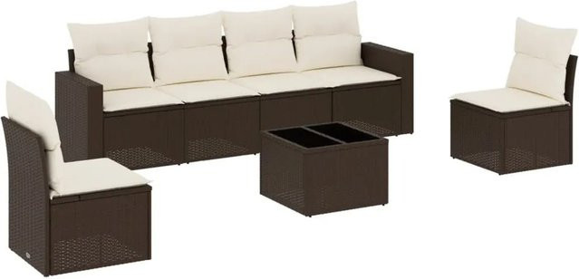 vidaXL 7-teilige Garten-Sofagarnitur aus Poly-Rattan in Braun mit Kissen in Cremeweiß - Bild 1
