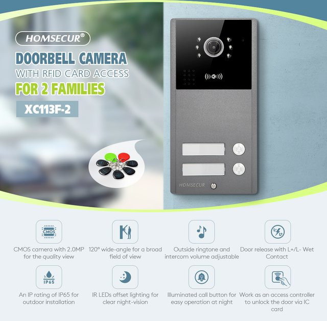 HOMSECUR XC113F-2 HD-Türklingelkamera für den Außenbereich mit IP65 Schutz, Grau, inklusive 5 NFC-Schlüsselanhängern (13,56 MHz) für Video-Türsprechanlage und Gegensprechanlage - Bild 1