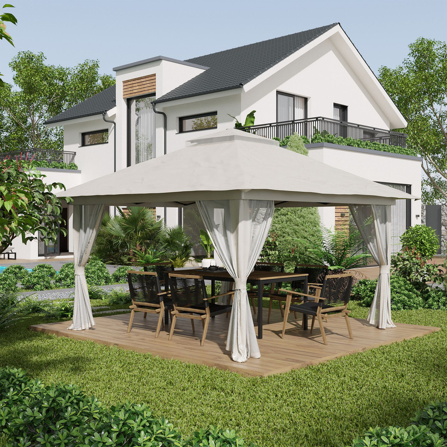 Outsunny Faltpavillon mit 4 Netzvorhängen und Doppeldach, höhenverstellbar, UV-Schutz, cremeweiß, B/T: 4 x 4 m - Bild 2