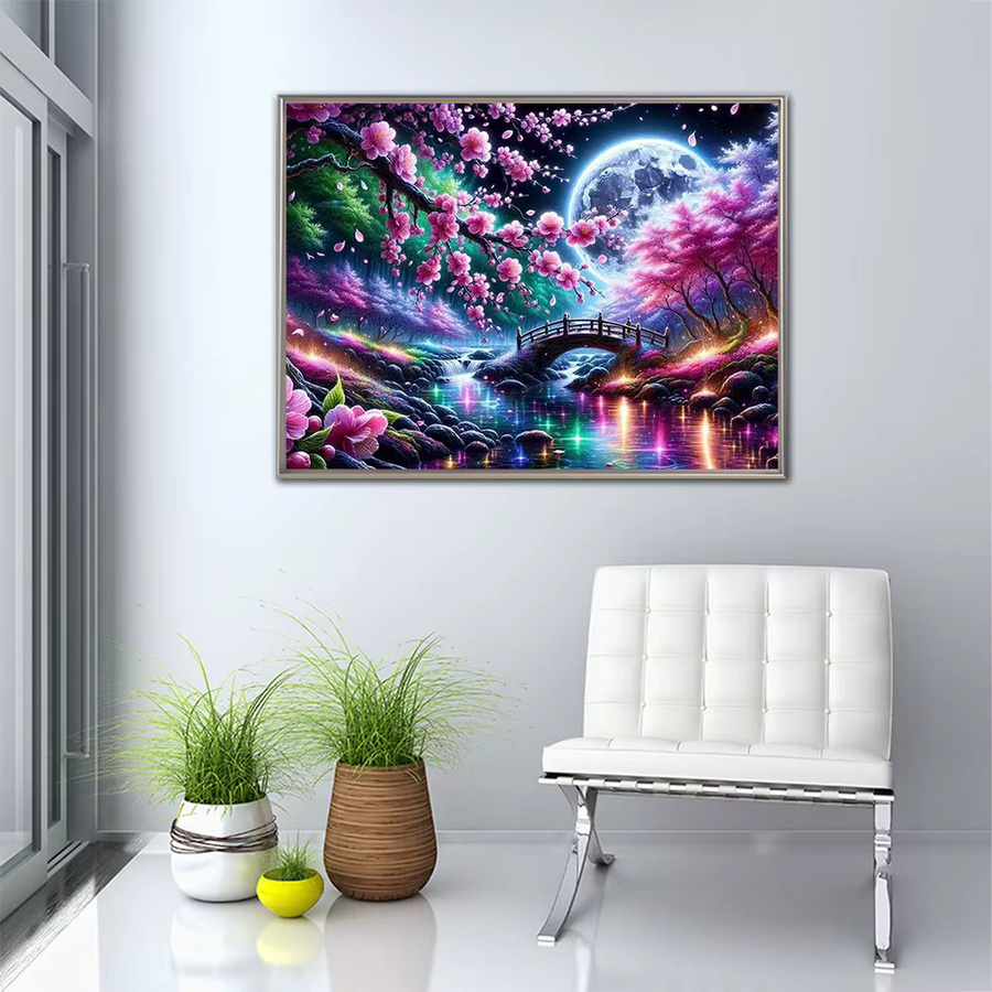 Momoart Diamant-Gemälde Brücke und Flusslandschaft als DIY Blumenmosaik für Erwachsene in Multicolour - Bild 3