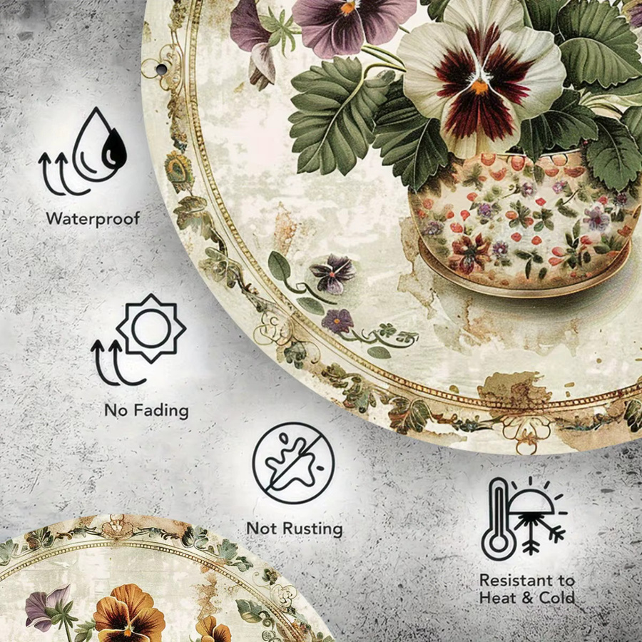 Potdemiel Vintage Stiefmütterchen Wandkunst aus Metall, runde Aluminiumdekoration mit floralem Blumenmuster, Mehrfarbig, Durchmesser: 20,3 cm - Bild 5