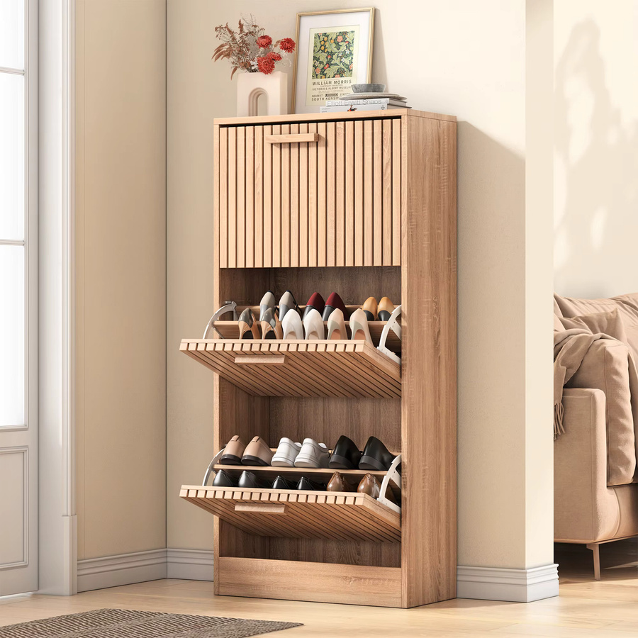 Comanlai Schuhschrank aus Holz in Braun mit 3 Klappen im Vintage-Design für Flur, Wohnzimmer und Schlafzimmer - Bild 2