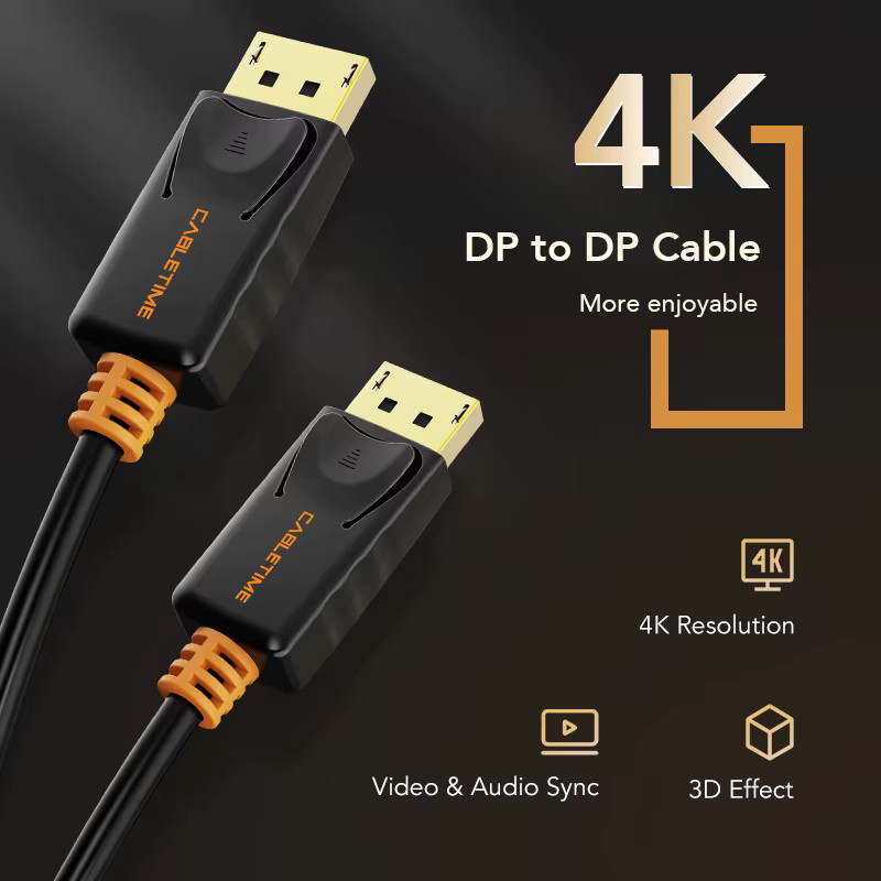 CABLETIME DisplayPort-Kabel in Schwarz für 4K 60Hz Videoübertragung an HDTV, Projektor und PC - Bild 2