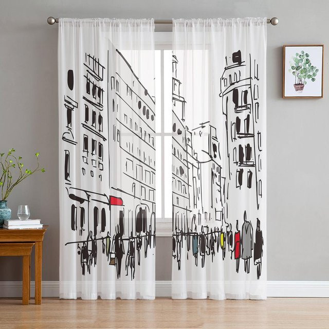 Urban Architectural Sketch Transparente Tüllvorhänge von A Family Of Home Textiles in Weiß, B: 135 cm, H: 160 cm - Bild 1