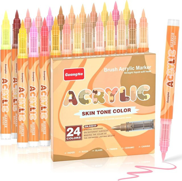Kolorowys Acrylmarker Set mit 24 Hauttönen und weicher Pinselspitze in Multicolour für Illustrationen auf Holz, Glas, Stoff und Stein - Bild 1