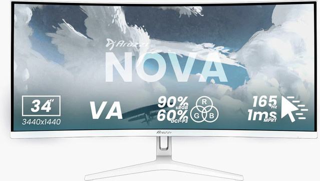 Arozzi Nova Gaming-Monitor, 34 Zoll, Curved, WQHD, VA, 165 Hz, Weiß - Bild 1