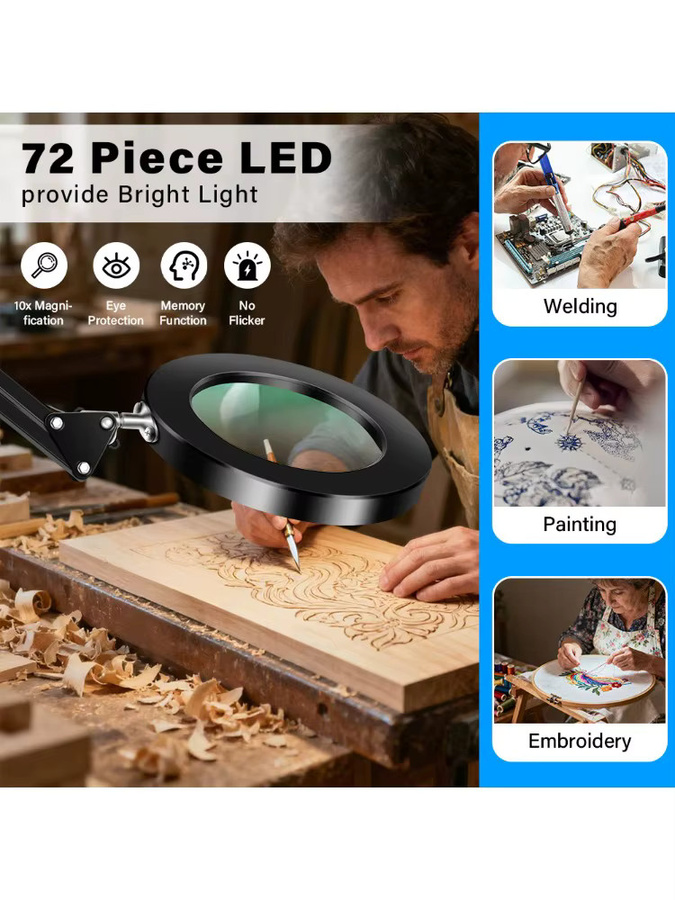 LED Schreibtischlampe mit 10-facher Lupe und Klemme in Schwarz, dimmbar mit 3 Farbmodi, Echtglaslinse und Schwenkarm für Home Office und professionelle Aufgaben - Bild 7