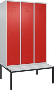 C+P Spind Classic PLUS Sitzbank mit 3 Abteilen, Lichtgrau, B/T/H: 212 x 120 x 81,5 cm, mit Zylinderschloss und 4 Garderobenhaken - Bild 1