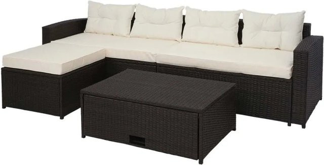 MCW Poly-Rattan Lounge-Set J34 4-teilig in Braun mit Creme-Beigen Kissen und Staufach - Bild 1