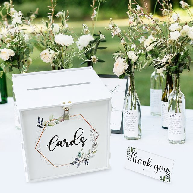 Weiße Hochzeitskartenbox aus PVC mit Schloss und Eukalyptus-Design für Geldkarten und Geschenke - Bild 1