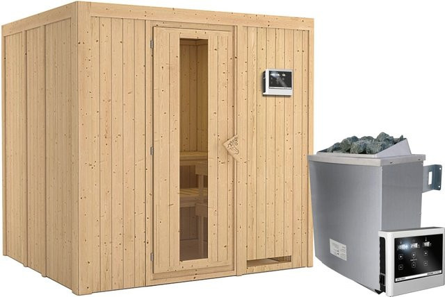 Karibu Sauna SODIN aus nordischer Fichte mit 9,0 kW Ofen, externem Steuergerät und Energiespartür, B/T/H: 196 x 170 x 198 cm - Bild 1