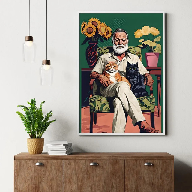 Hemingway Cats Wandkunst von SHENCHEN – Bunte Grafik mit Ernest Hemingway und Polydactyl-Katzen als Poster - Bild 1