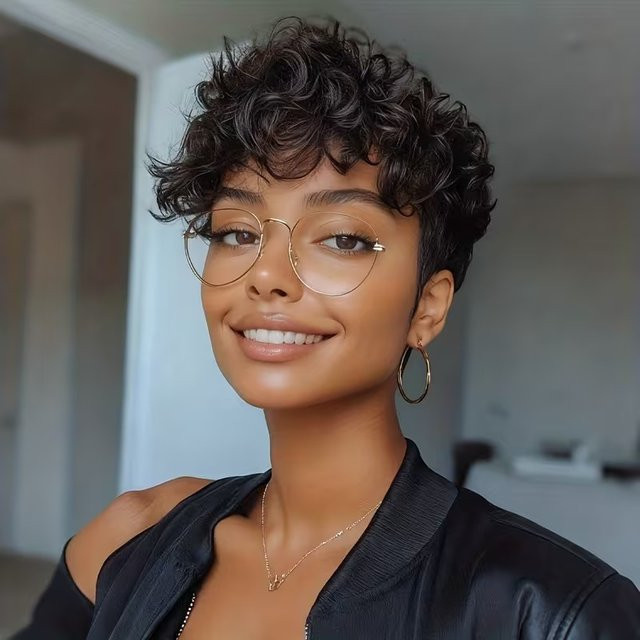 OYM HAIR Pixie-Perücke, Echthaar, Schwarz, Lockig, Damen - Bild 1