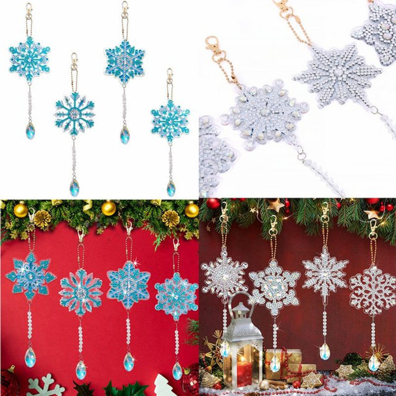 4er-Set Weihnachts-Schneeflocken DIY Diamant-Malerei Sonnenfänger mit Kristallen als dekorative Schlüsselanhänger in Weiß und Mehrfarbig - Bild 1