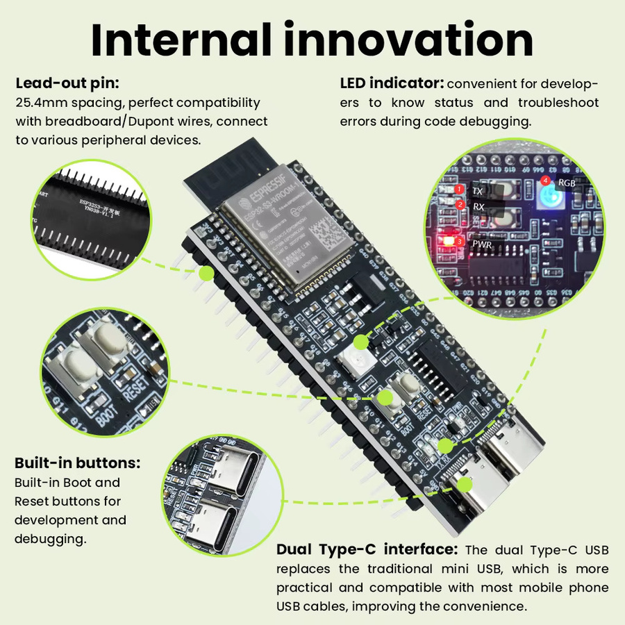 Keyestudio ESP32-S3-DevKitC-1 N16R8 Entwicklungsboard mit WLAN und Bluetooth, USB-C, Schwarz - Bild 3
