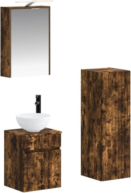 vidaXL Badezimmermöbel-Set 4-teilig in Geräucherte Eiche, modern mit Waschtischunterschrank, Spiegelschrank und LED-Beleuchtung, Braun - Bild 1