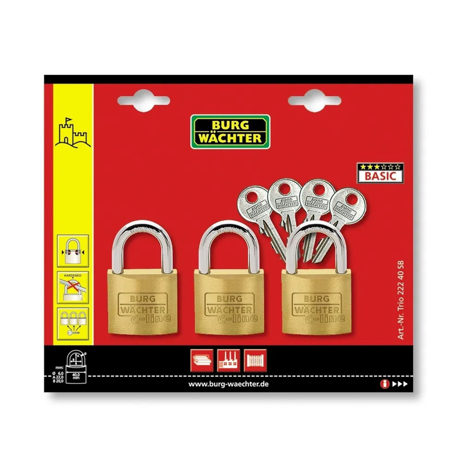 Burg Wächter Vorhangschloss-Set Trio 222 40 SB in Gold/Messing mit Schlüsseln - Bild 2