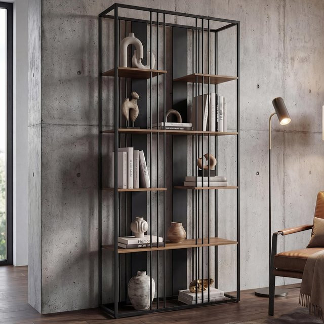 MCW Regal MCW-P12 Industrial Bücherschrank Hochschrank aus Metall und Melamin in Schwarz und Braun, H x B x T: 180 x 80 x 31 cm - Bild 1