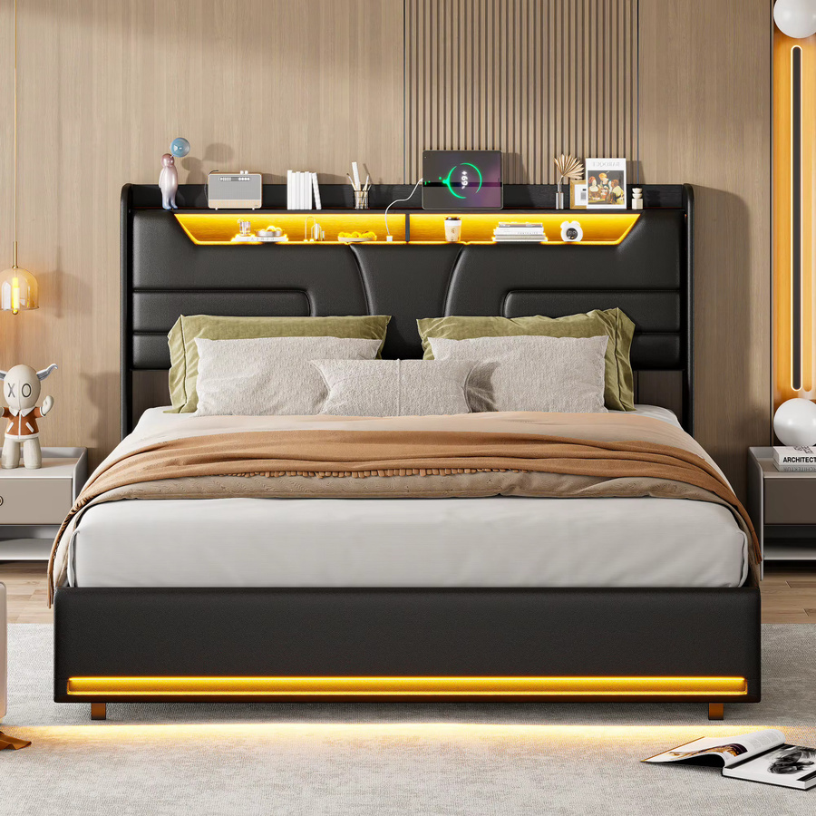 Rosahqnda Gepolstertes Doppelbett in Schwarz mit Stauraum und Kopfteil, B/T/H: 140 x 200 cm - Bild 5