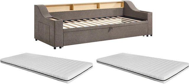 Bettrahmen Oravaya in Taupe mit USB-Ladeport und Schubladen, Modernes Design aus Stoff und MDF - Bild 1