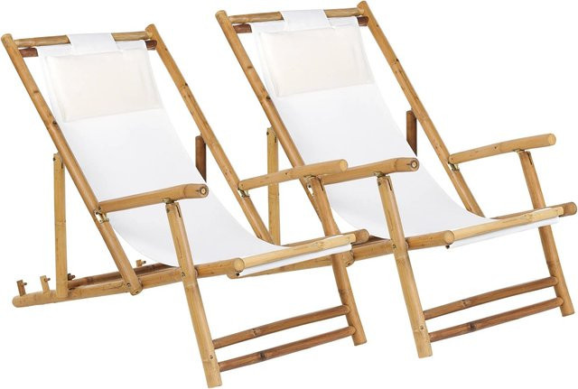 Beliani Gartenliege aus Hartholz in Weiß und Beige mit verstellbarer Kopfstütze und Armlehnen, B/T/H: 101 x 60 x 90 cm - Bild 1