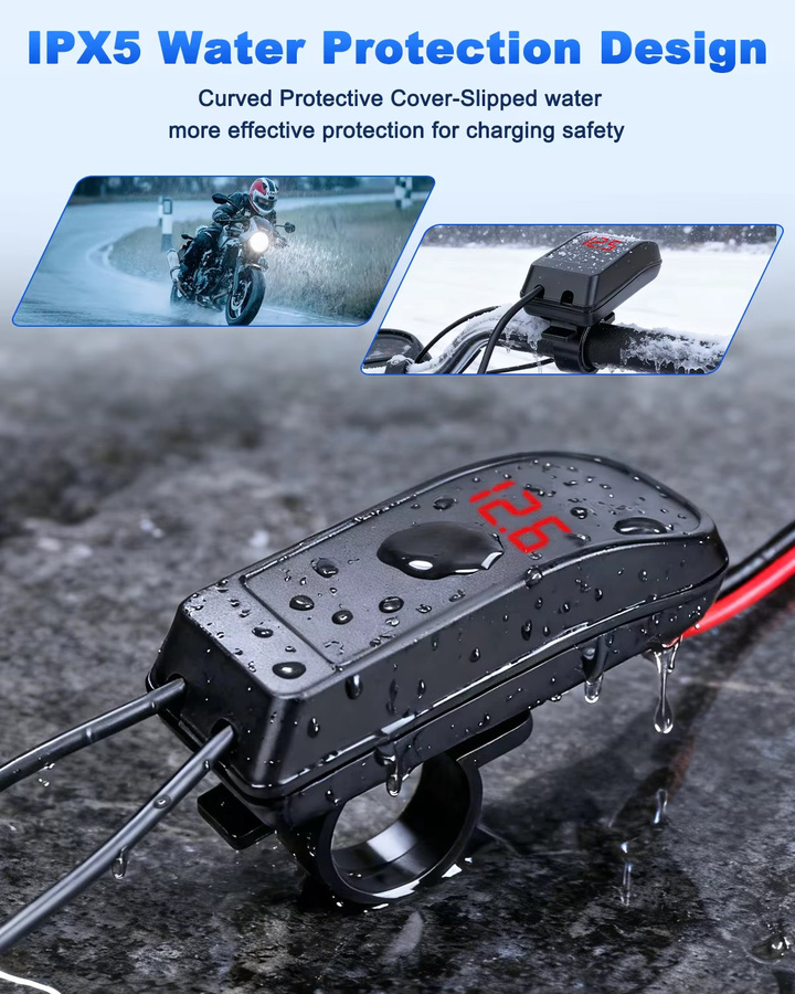 Elecpow 36W Motorrad-USB-Schnellladegerät mit QC3.0, USB-A und USB-C, wasserdichter Netzteiladapter mit Schalter und Voltmeter in Schwarz - Bild 5