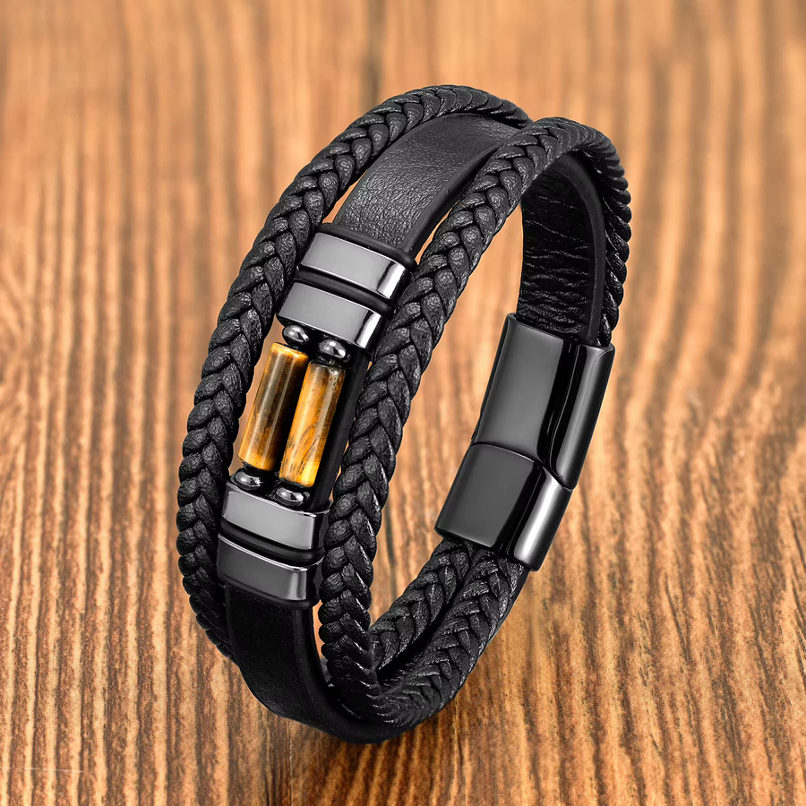 YAN MIN TRADE Armband, Leder, Perlen, Tigerauge-Stein, Edelstahl, Schwarz, Unisex - Bild 1