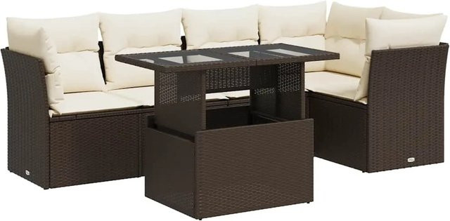 vidaXL 6-teilige Garten-Sofagarnitur aus braunem Poly-Rattan mit Kissen und Glastisch - Bild 1