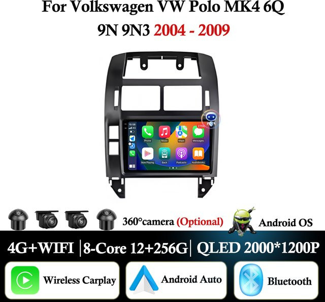 KJ-NAVI Multimedia Autoradio mit Android Auto und CarPlay für Volkswagen VW Polo MK4 6Q 9N 9N3 (2004-2009) mit QLED Bildschirm und GPS Navigation, Schwarz - Bild 1