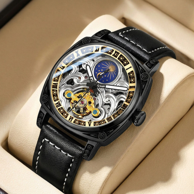 CAROTIF Herrenuhr, Analoguhr, schwarzes Zifferblatt, Lederarmband, Vintage - Bild 1