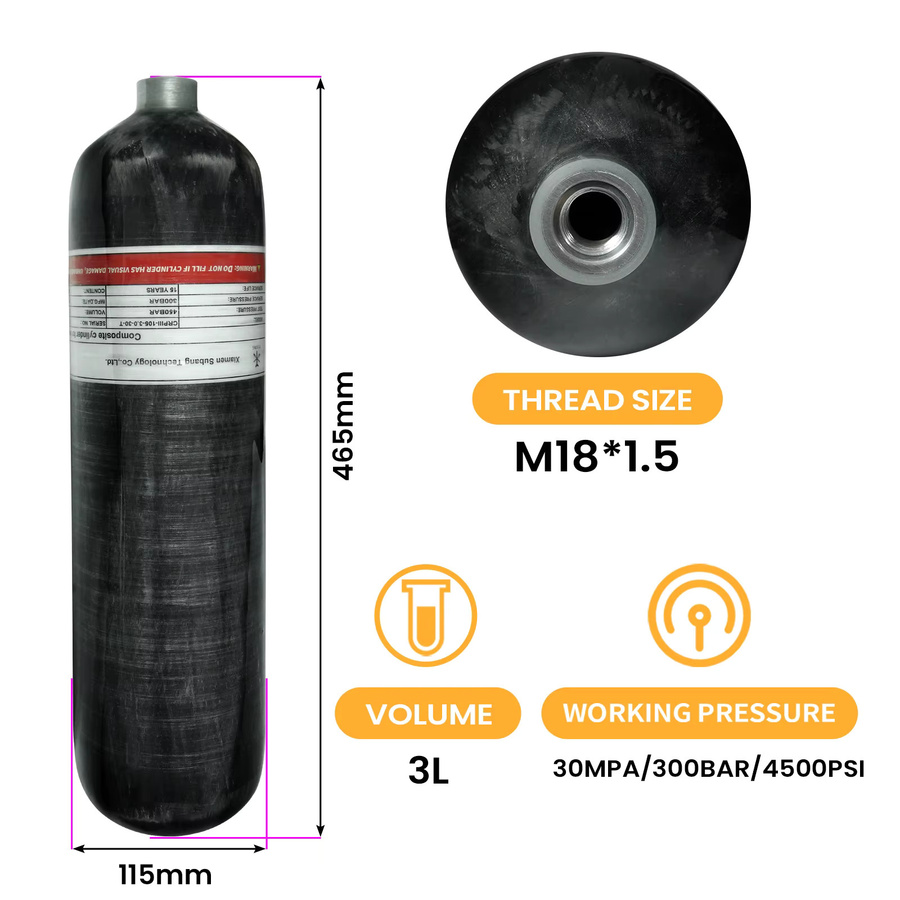 TUXING Kohlefaser-Hochdruckzylinder 3L mit Ladeventil und Schutztragetasche, Schwarz, M18*1.5, 4500Psi 300Bar - Bild 2