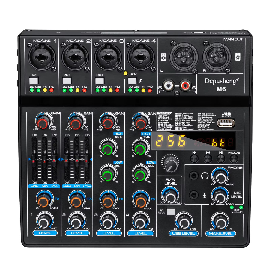 Depusheng M6 6-Kanal-Tonmischpult mit Bluetooth und USB-Aufnahme, Schwarz, inklusive 48V Phantomspeisung und Delay-Repeat-Effekt - Bild 7