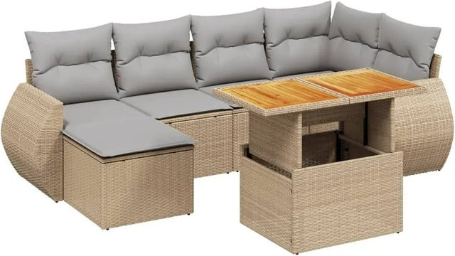 vidaXL 7-teilige Garten-Sofagarnitur in L-Form mit Kissen und Couchtisch, Beige, Poly Rattan und Metallgestell - Bild 1