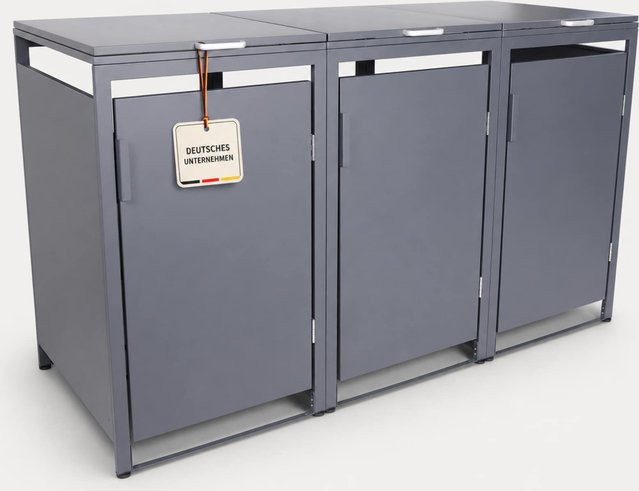 ALBATROS Mülltonnenbox 3er Hauswandversion für drei Tonnen (120L bis 240L), verzinktes Metall, Anthrazit RAL7016, wetterfest mit offener Rückseite und verstellbaren Füßen - Bild 1