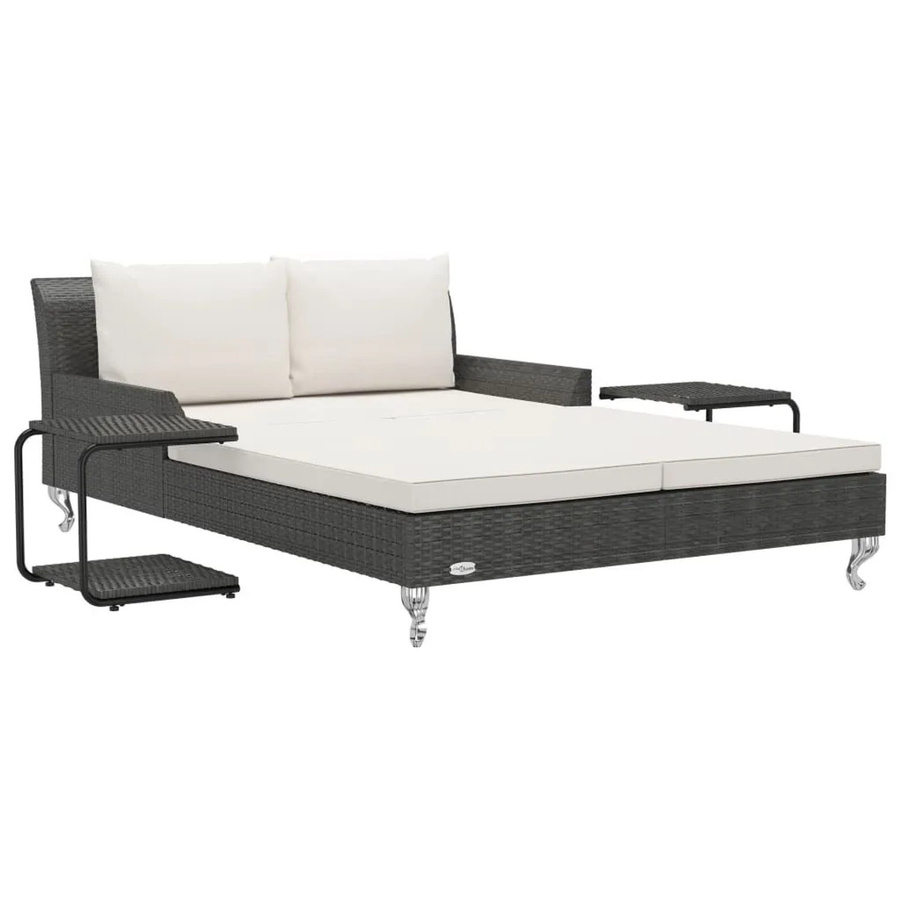 Doppelte Sonnenliege Furnicato aus schwarzem PE-Rattan mit cremeweißen Kissen, B/T/H: 200 x 132 x 71 cm - Bild 2