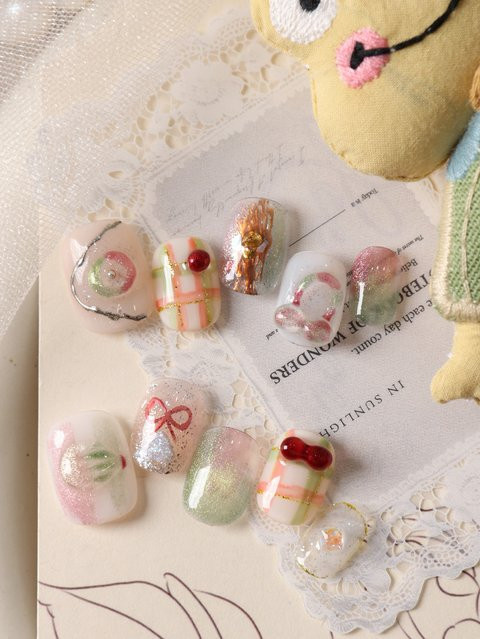 XEERCOOU Aufklebenägel Donut-Design, Rosa und Grün, Glänzend, 10 Stück - Bild 1