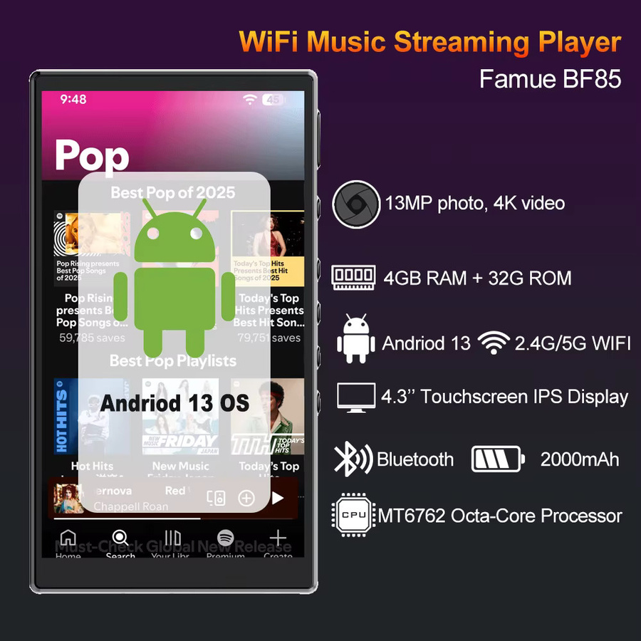 Famue MP3/MP4-Player mit Android 13, 4,3 Zoll Touchscreen, 4GB RAM, 32GB+64G Speicher, 13MP Kamera, 4K, HiFi, WLAN und Bluetooth 5.0 in Schwarz - Bild 3