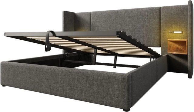 okwish Polsterbett Grau mit Nachttisch, Leselampe und USB Type-C Ladefunktion, B/T/H: 160 x 200 x 54,5 cm - Bild 1