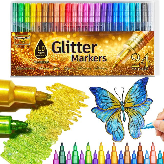 Kolorowys Glitzer-Marker-Set mit 24 Metallic-Schimmer-Acrylmarkern in Multicolour, wasserbasierte Tinte und feine Spitze (1 mm) - Bild 1