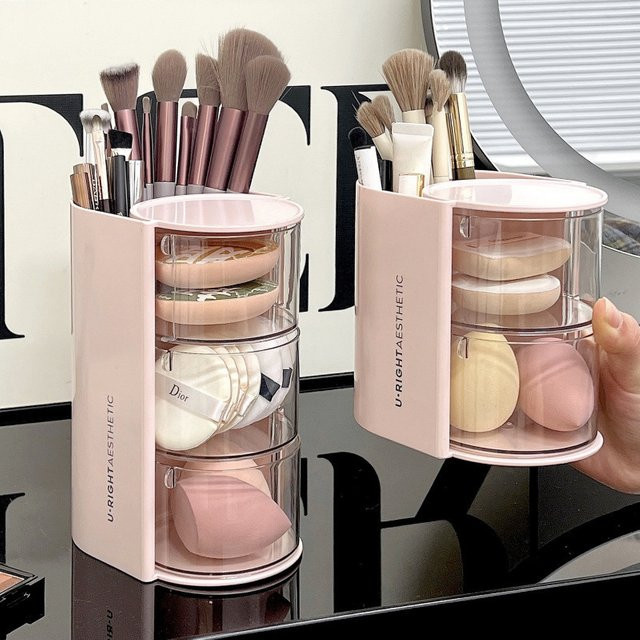 Rotierender staubdichter Kosmetik-Organizer aus Kunststoff in Pink mit Deckel für Make-up, Pinsel und Lippenstifte - Bild 1