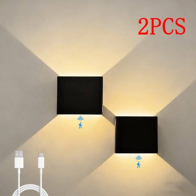 2er Set UMEXUS Wireless Cube LED Wandleuchten in Schwarz mit Up-Down Licht, PIR Bewegungssensor und USB wiederaufladbarem Akku, warmweißes Nachtlicht für Korridor und Veranda - Bild 1