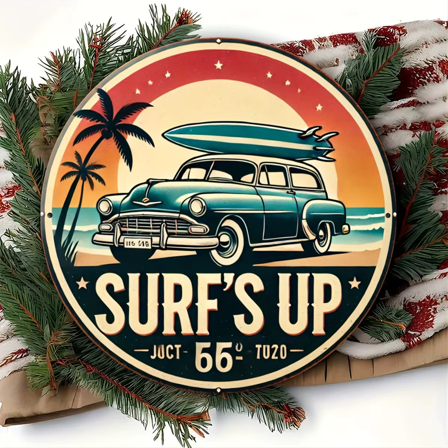 Potdemiel Vintage Surf's Up Rundes Metallschild Retro Stranddekoration aus Aluminium, Durchmesser: 20 cm, Mehrfarbig - Bild 6