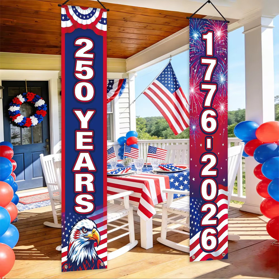 OURFETE Amerikanisches Unabhängigkeitstag Banner 250 Jahre 1776-2026 mit Adler und Feuerwerk, Patriotische Haustür-Dekoration für den 4. Juli, Mehrfarbig, B/H: 180 x 30 cm - Bild 5