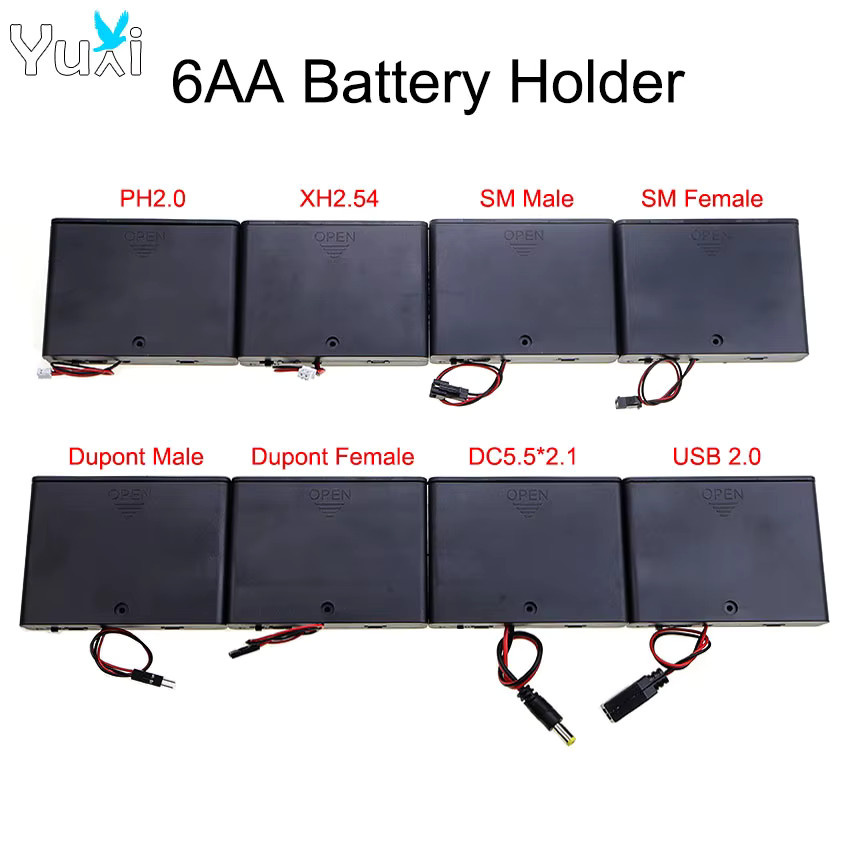 YuXi Batteriehalterbox für 6 AA-Batterien mit Ein-/Aus-Schalter und Anschlussleitungen PH2.0, XH2.54 und USB 2.0, Schwarz - Bild 2