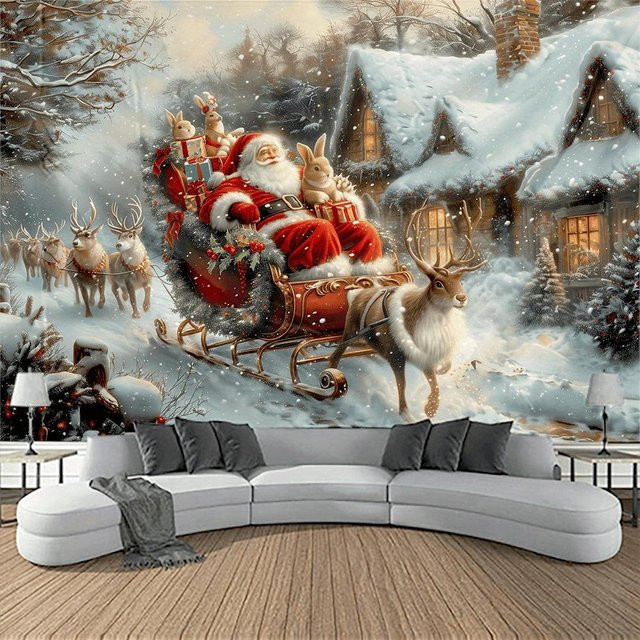 Weihnachtsmann-Schlitten Wandteppich mit Schneestadt-Landschaft als Wandbehang für Wohnzimmer und Schlafzimmer, JMG Household Supplies, Mehrfarbig, B: 150 cm, H: 90 cm - Bild 1
