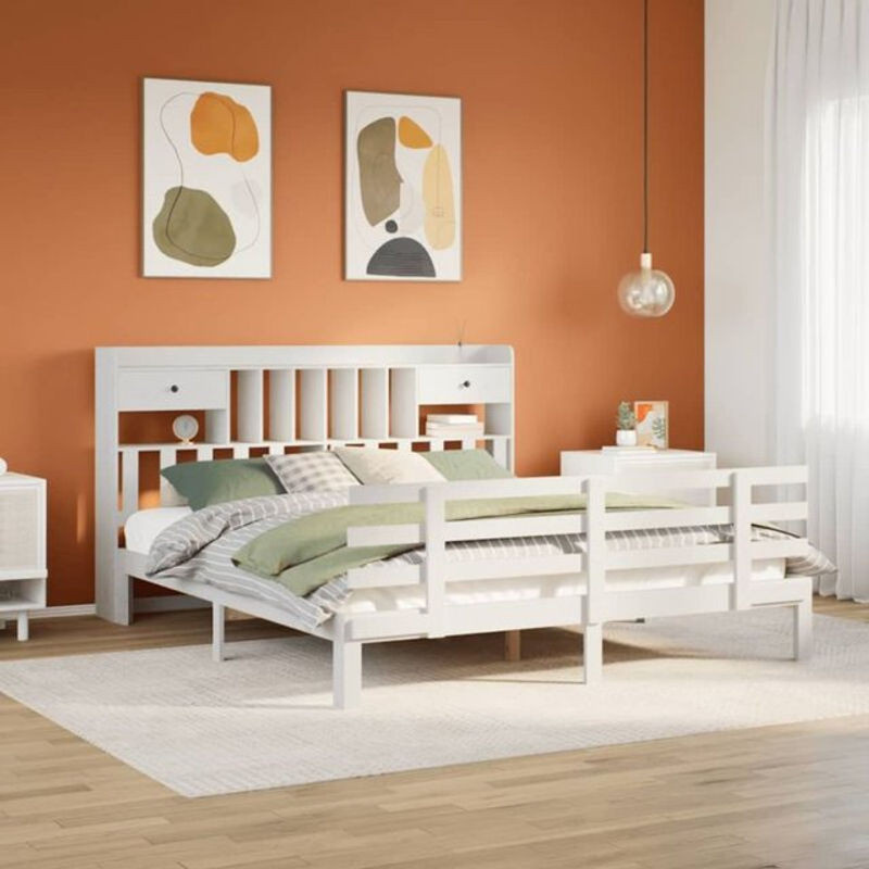 Massivholzbett Vidaxl aus Kiefer mit Regal in Weiß, B/T/H: 180 x 200 x 110 cm - Bild 1