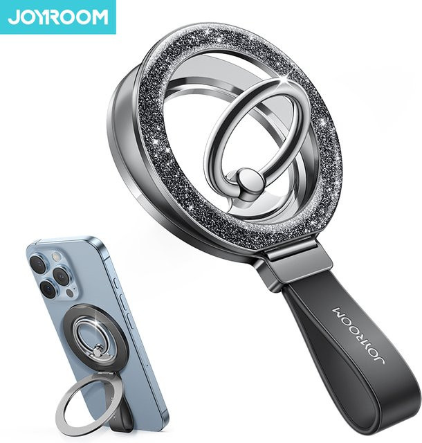Joyroom Magnetischer Ring-Telefonhalter mit Supermagnet und Silikon-Lanyard-Design in Schwarz für iPhone 16/15/14/13 Serie - Bild 1