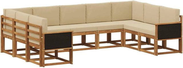 vidaXL Outdoor-Sofagarnitur aus Massivholz Akazie in Natur und Beige, 9-teiliges L-Shape Set mit Sitz- und Rückenkissen - Bild 1