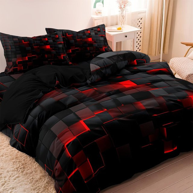 Bettwäsche-Set mit Bettbezug und 2 Kissenbezügen in Rot mit dreidimensionalem Gitter-Design, B/H: 150 x 200 cm - Bild 1